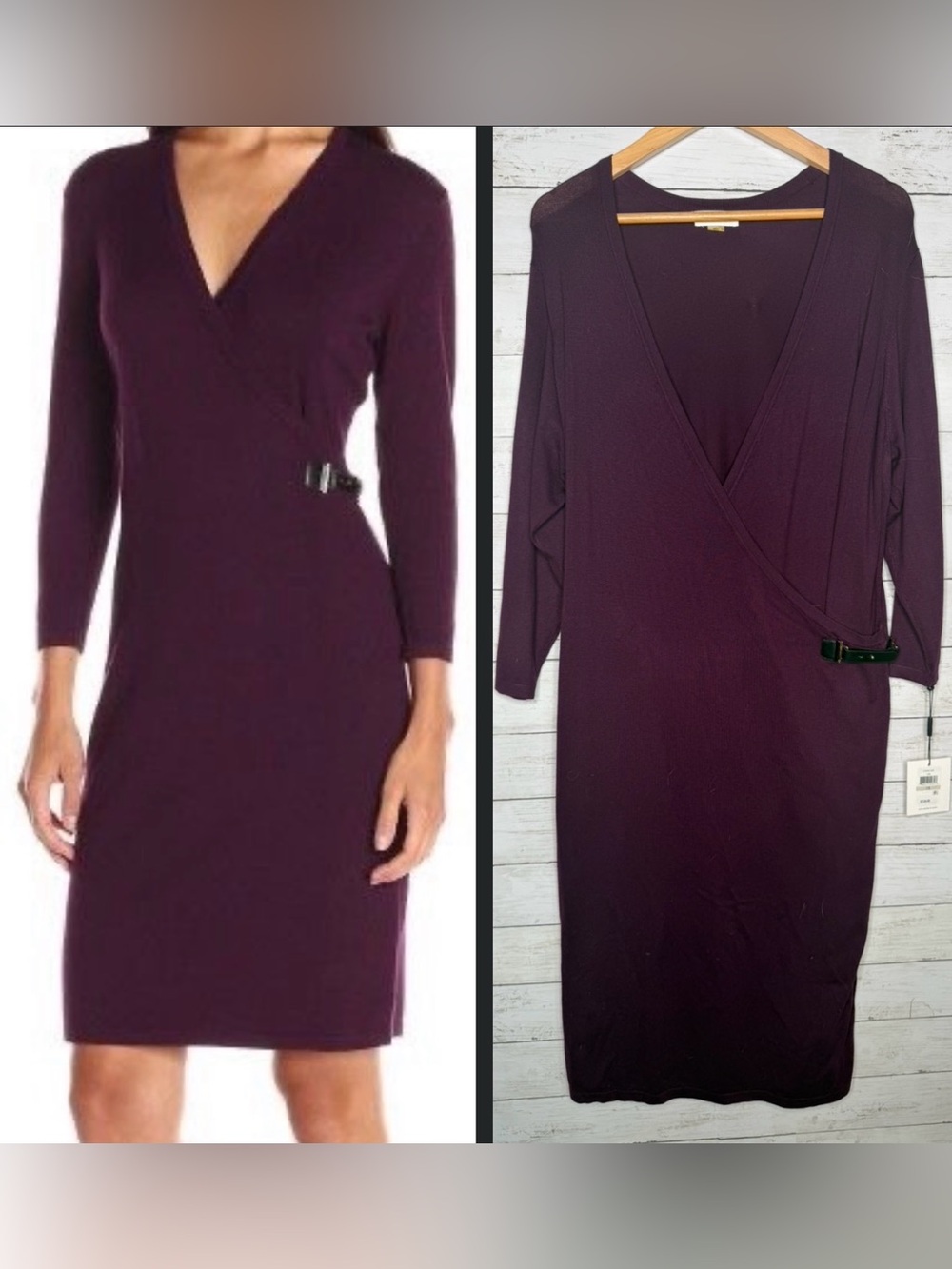 Calvin Klein Plum Wrap Midi Dress 1X Surplice Buckle Detail 3/4 Sleeve NWT